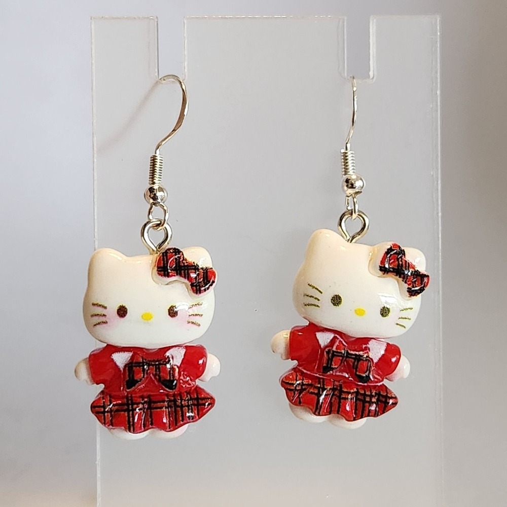 Hello Kitty Red Plaid Dress Dangle Earrings Character Jewelry‎ 1.75" New